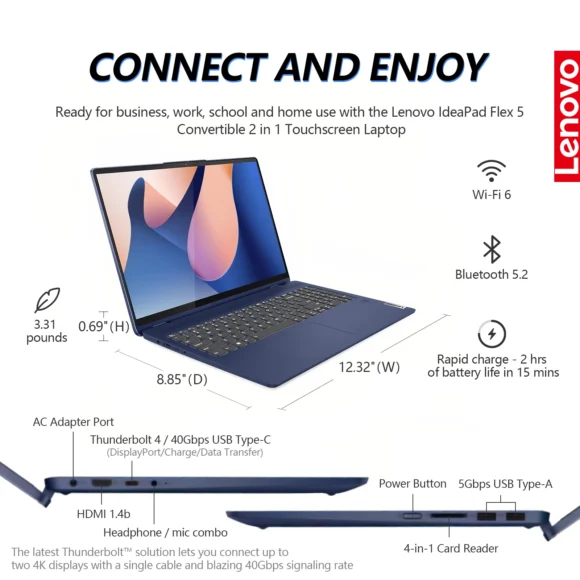 Lenovo IdeaPad Flex 5 2 in 1 Laptop Touchscreen, 14 Inch FHD Ultra Thin Light Touch Screen Convertible, Intel Core i5, 16GB RAM 2TB SSD, Windows 11 Pro-6